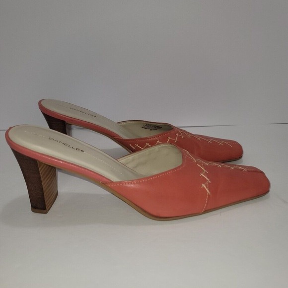 Danelle Women 8.5M Cone Heel Mules Coral Leather Boho Festival Y2K office Career - Picture 5 of 11